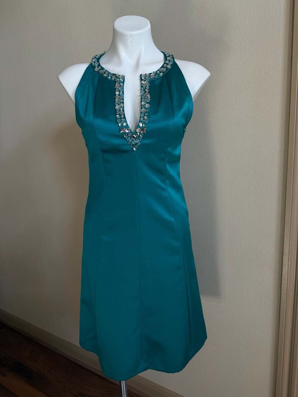 Kay Unger Teal Satin Rhinestone High Neck Halter Cocktail Dress Size 2